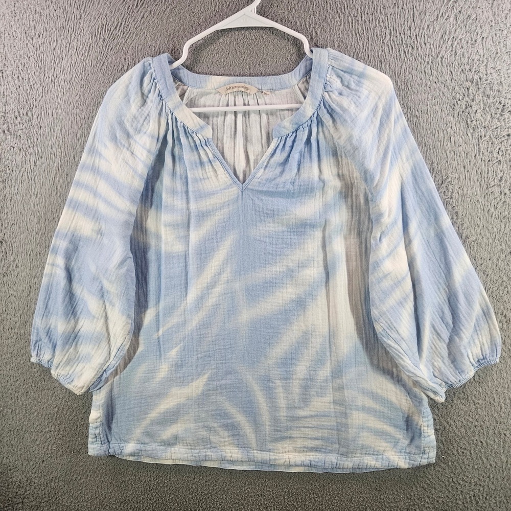 Soft Surroundings Blue White Cotton Gauze Tie Dye Blouse 3/4 Sleeve Top Large
